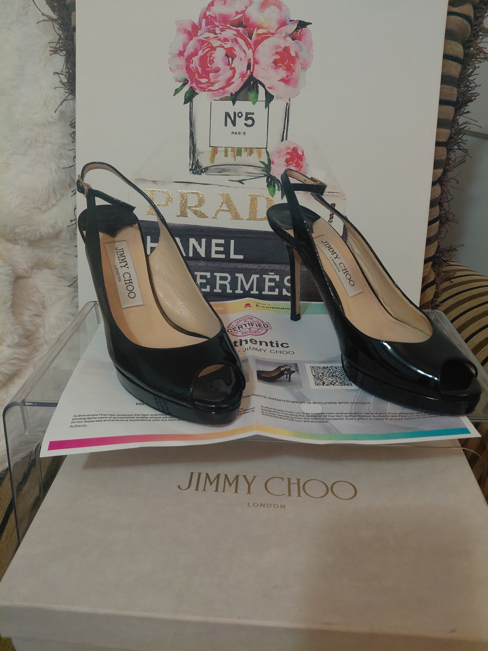 Jimmy Choo Black Patent Slingback Peep-Toe Heels